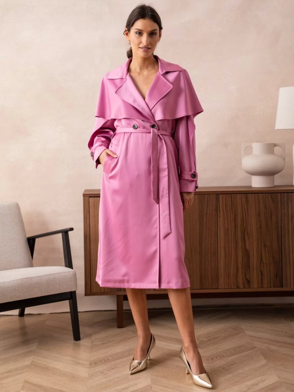 Pink Satin Trench Coat